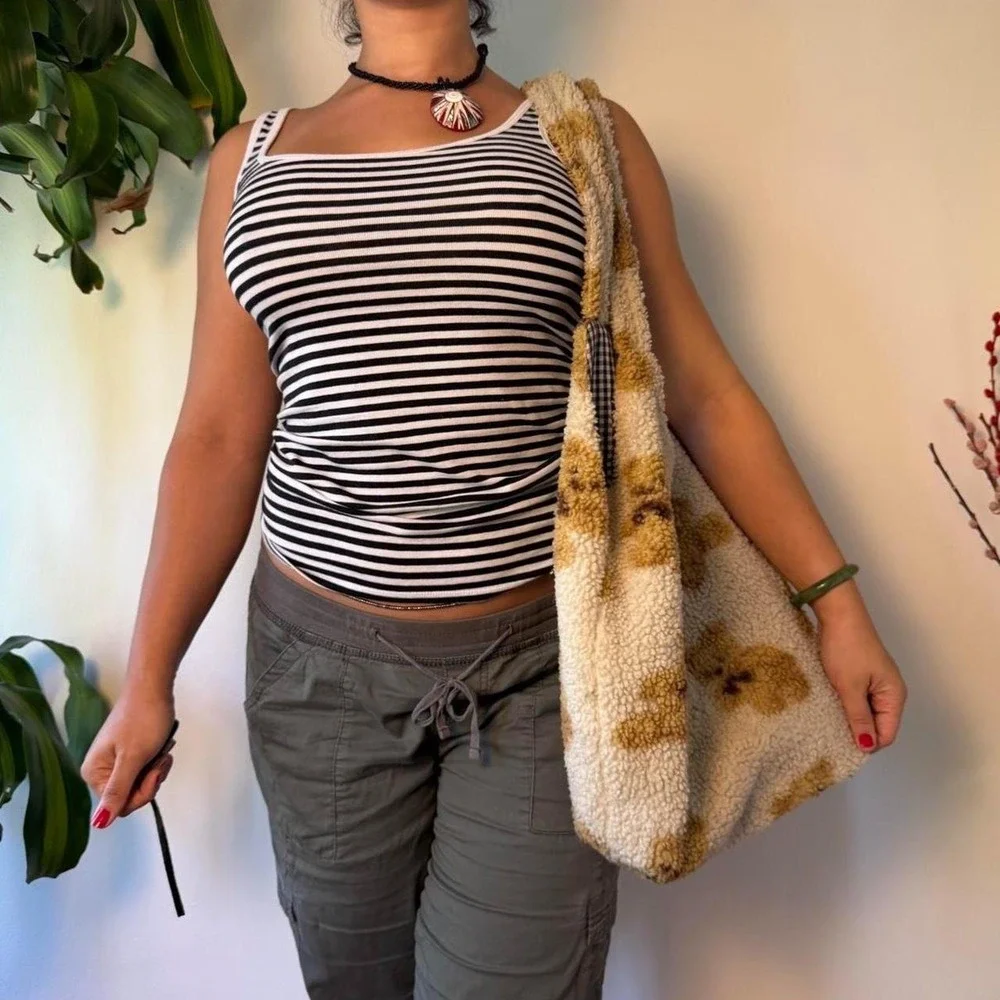 Vintage Kawaii Fuzzy Teddy Bear Tote Bag Beige Gingham Large Beach Gym Bag